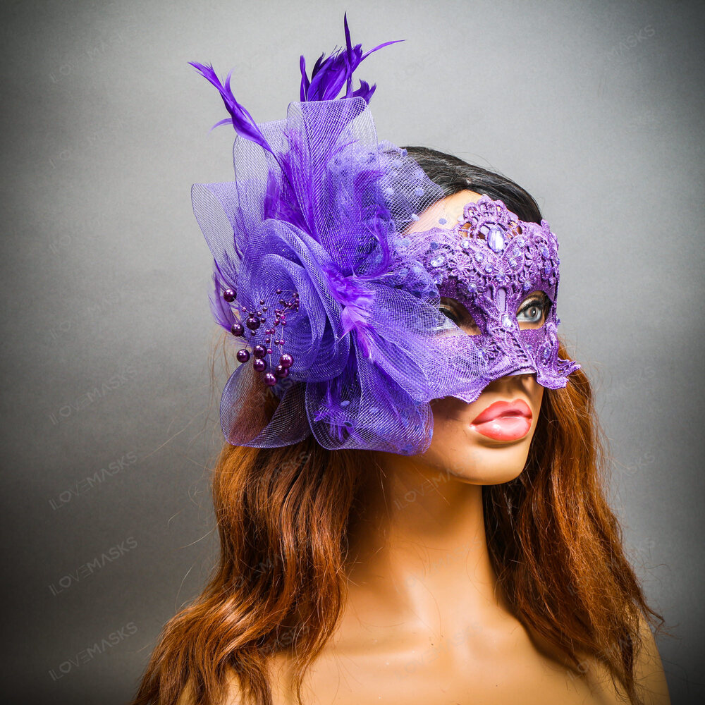 Flower Feather Mask Venetian Mardi Gras Masquerade - Purple - Picture 4 of 5